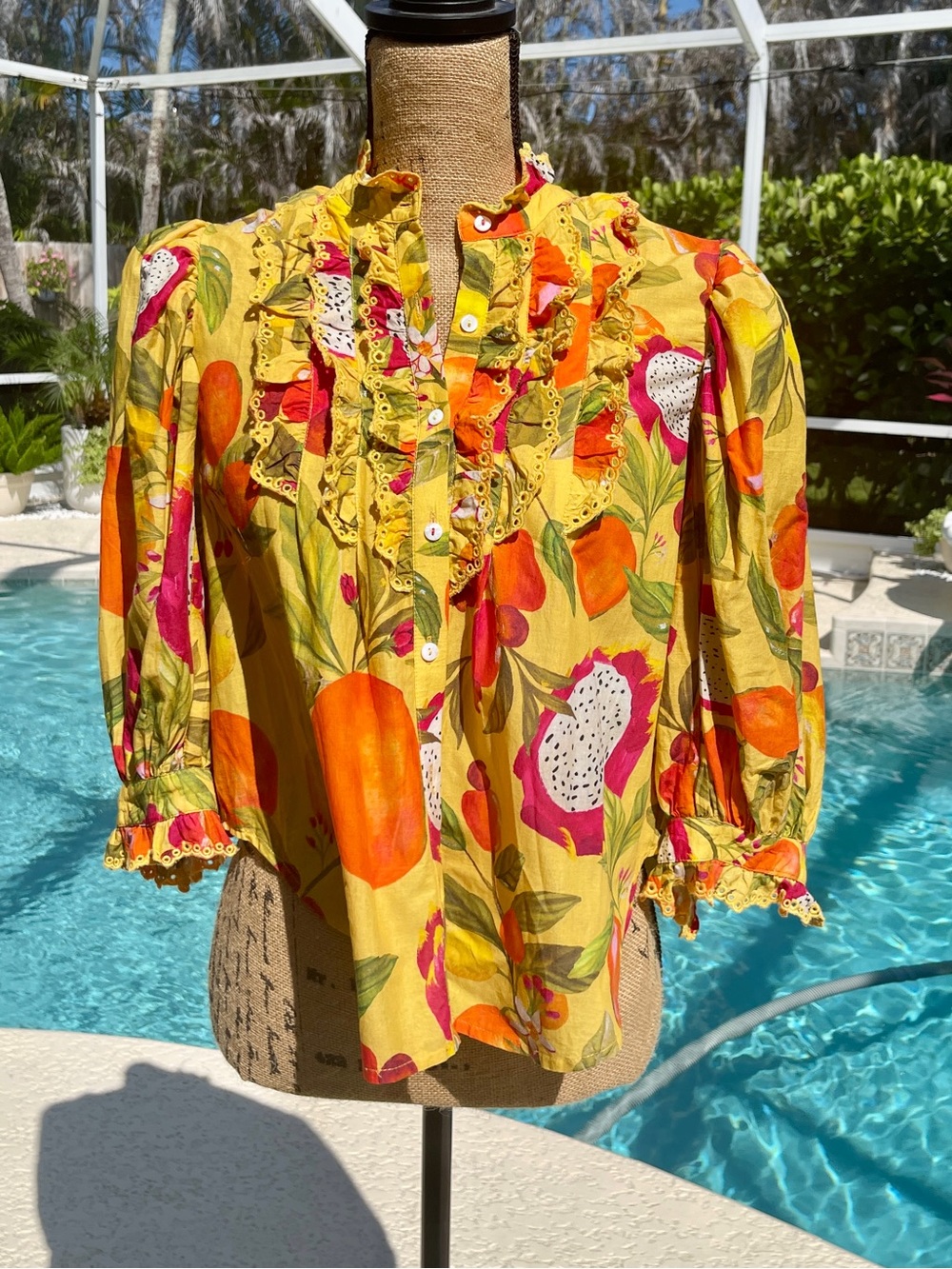 FARM Rio Yellow Tropical Ruffle-Front Blouse with Pink & Orange Fruit Print